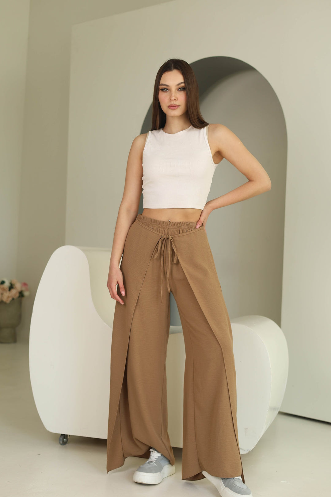 Brown split front wide leg trousers