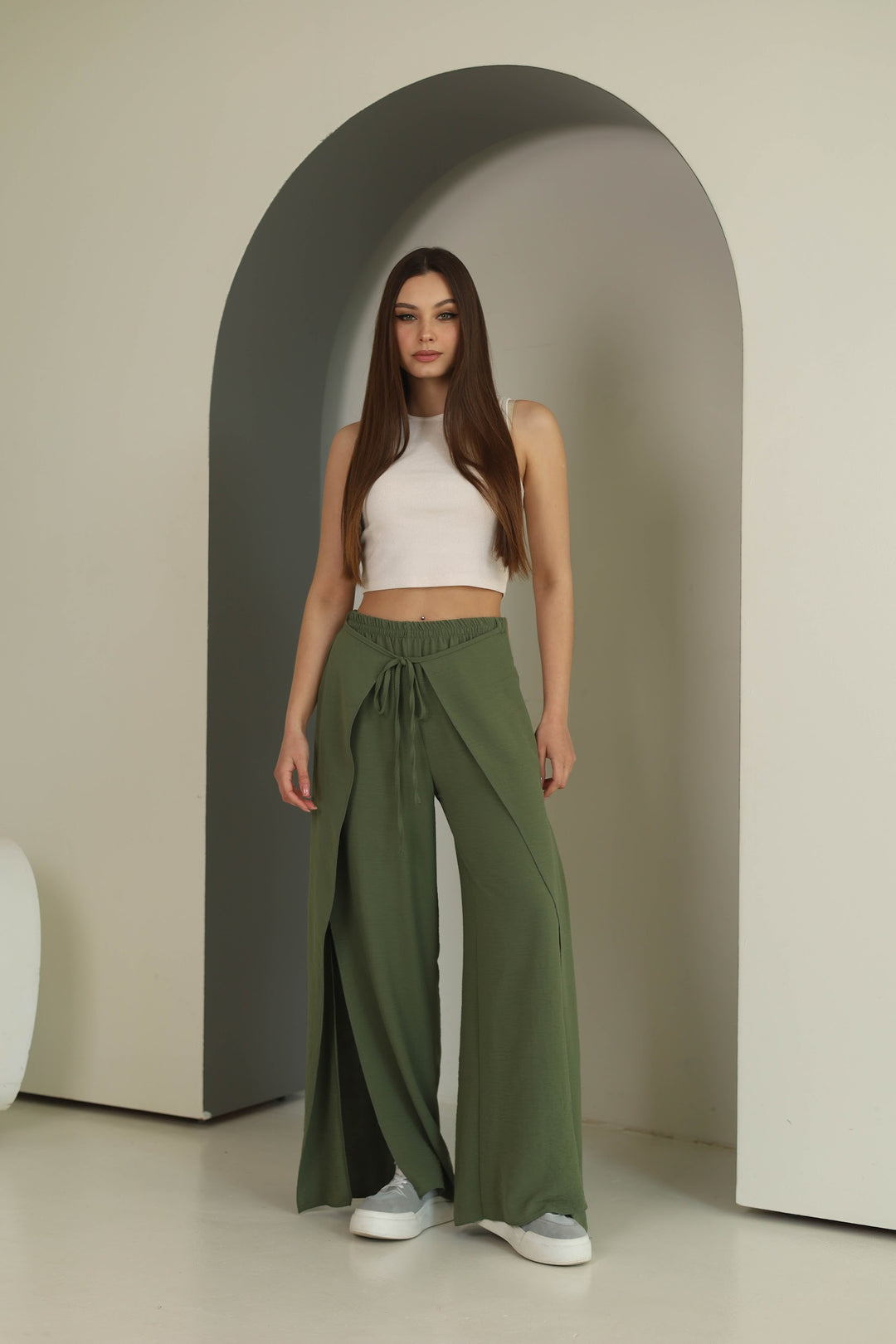 Khaki split front wide leg trousers