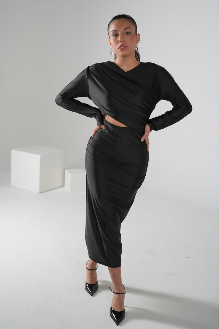 Midikleid Noir mit Cut-Out und Drapierung