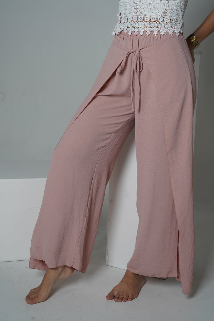 Pink split front wide leg trousers