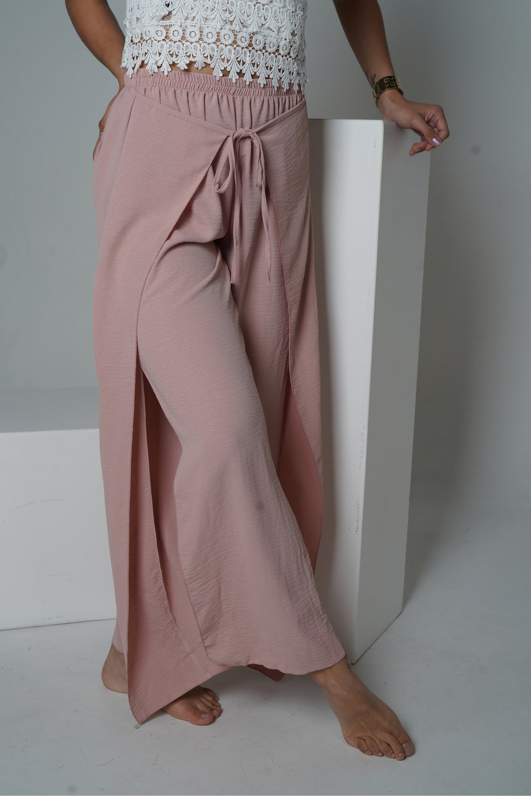 Pink split front wide leg trousers