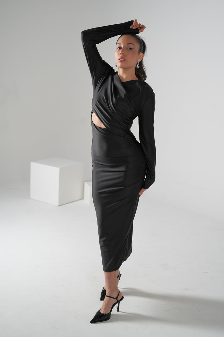 Midikleid Noir mit Cut-Out und Drapierung