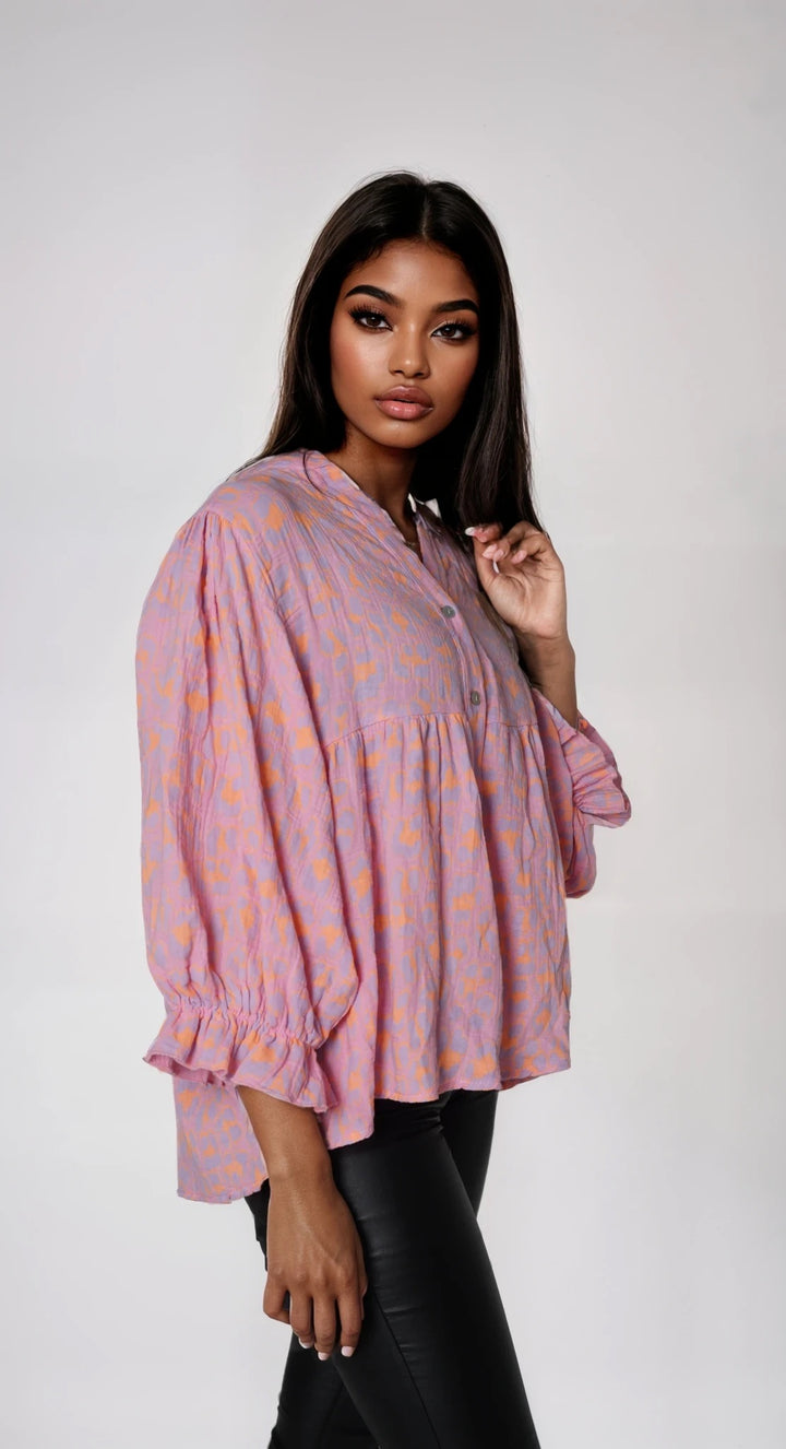 Musselin-Bluse mit Pinkem Animal