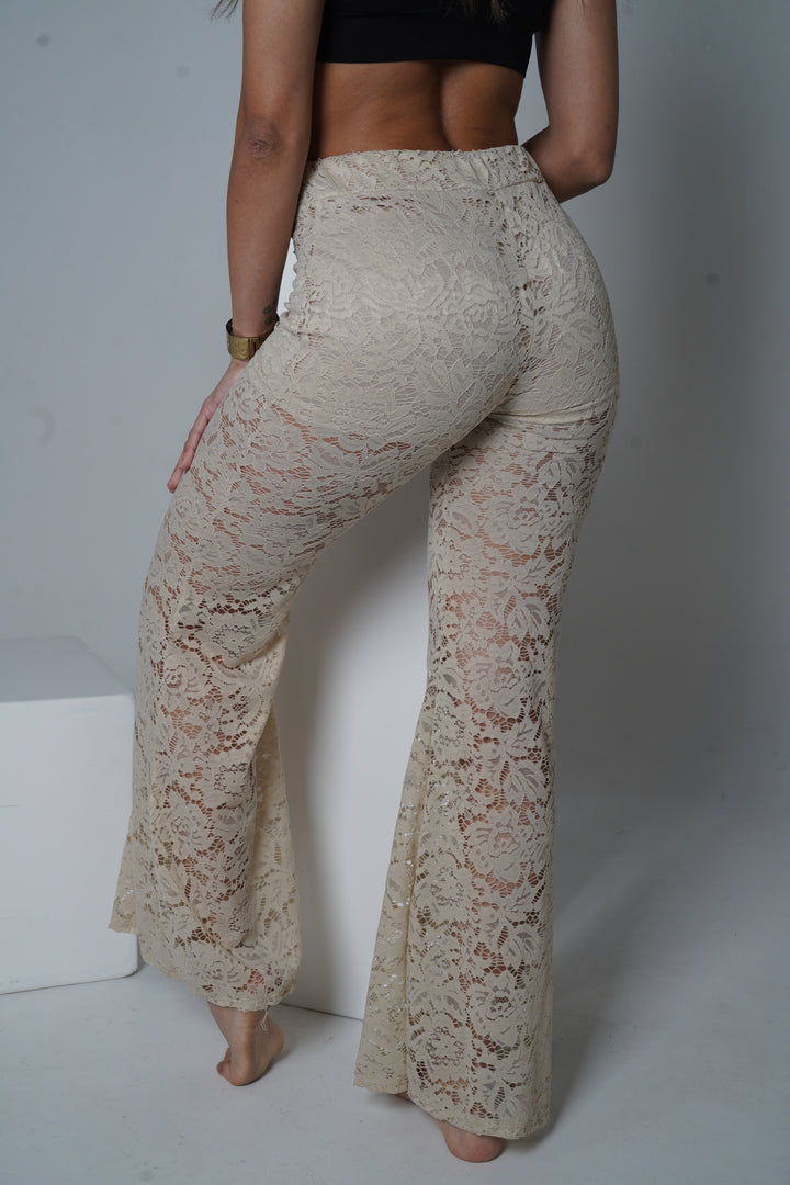 Flared Pants aus floraler Spitze – Beige