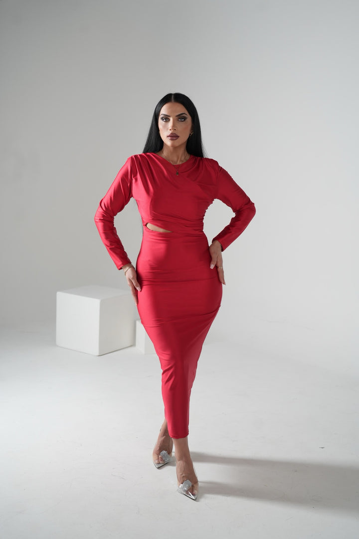 Ruby red midi dress with cut-out and draping
