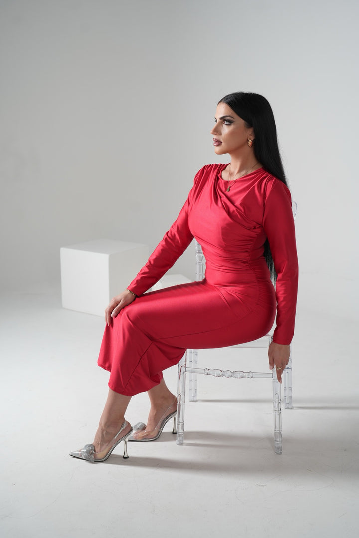 Ruby red midi dress with cut-out and draping