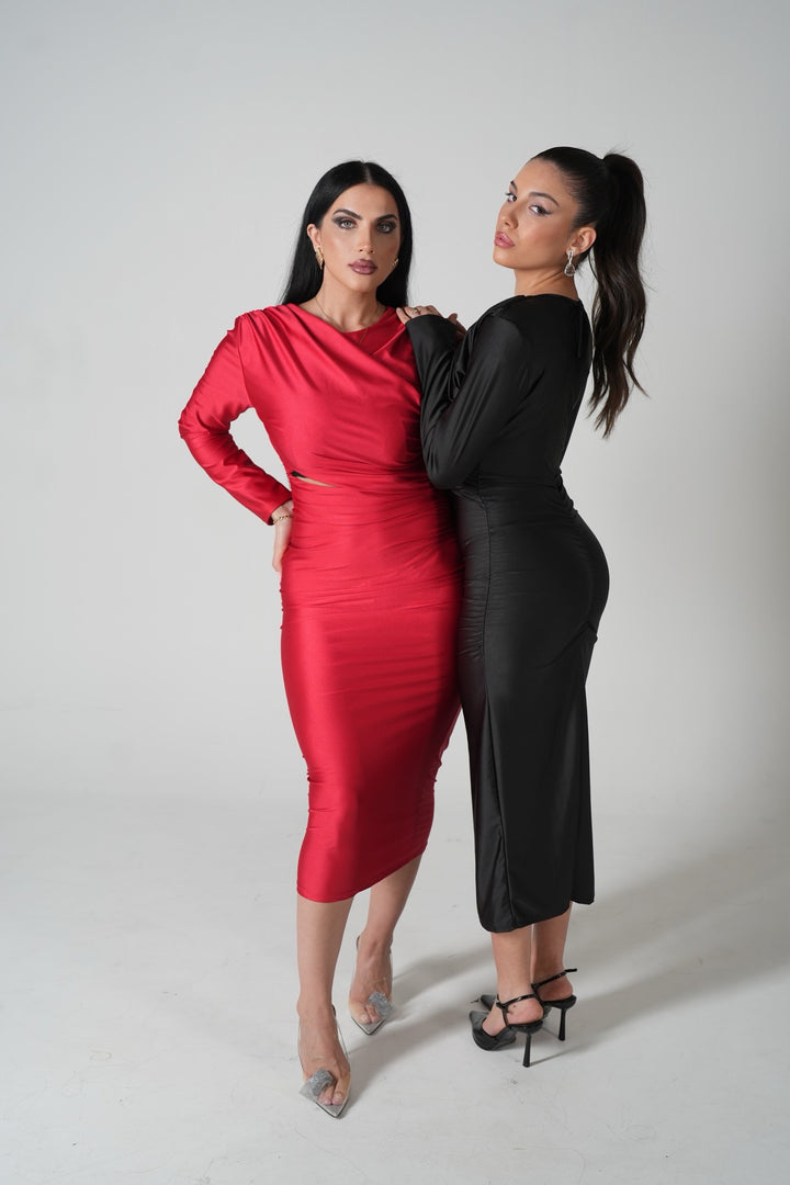 Ruby red midi dress with cut-out and draping