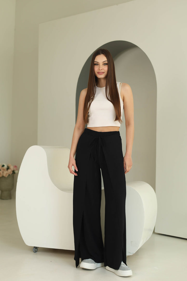 Black split front wide leg trousers