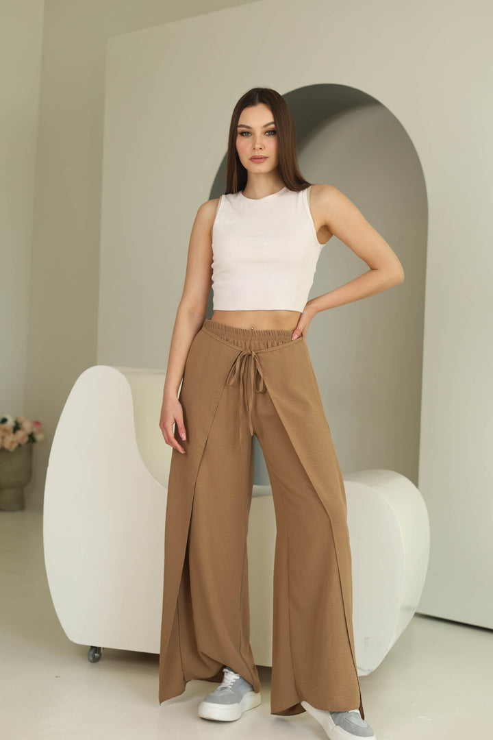 Brown split front wide leg trousers