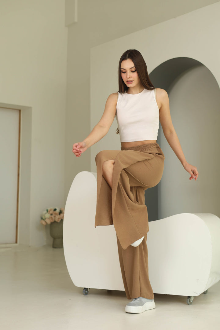 Brown split front wide leg trousers