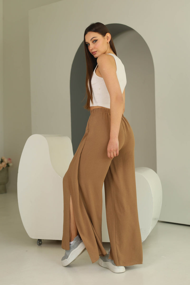 Brown split front wide leg trousers