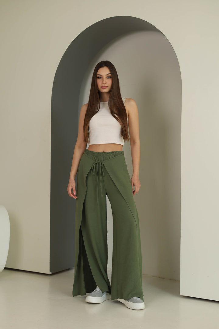 Khaki split front wide leg trousers