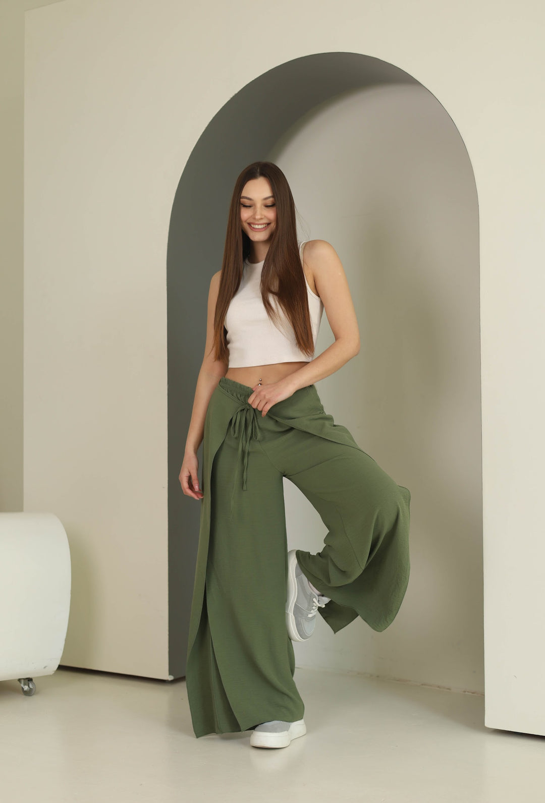 Khaki split front wide leg trousers