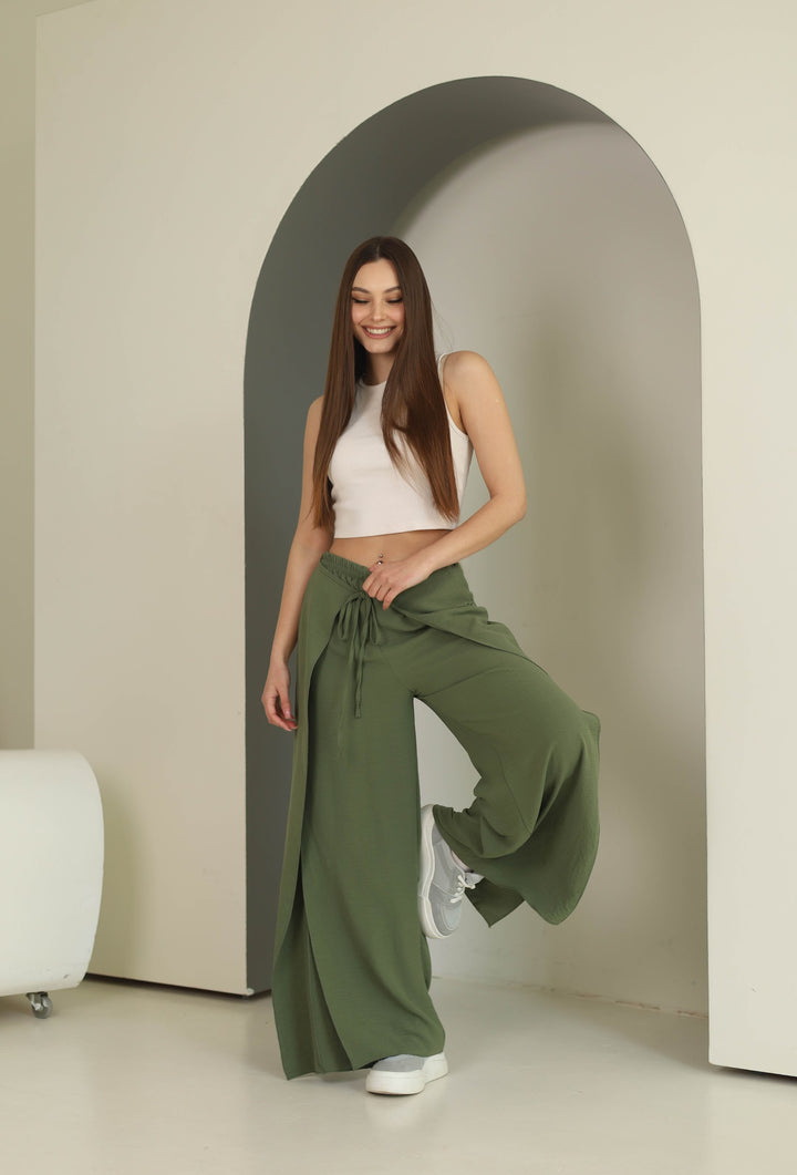 Khaki split front wide leg trousers