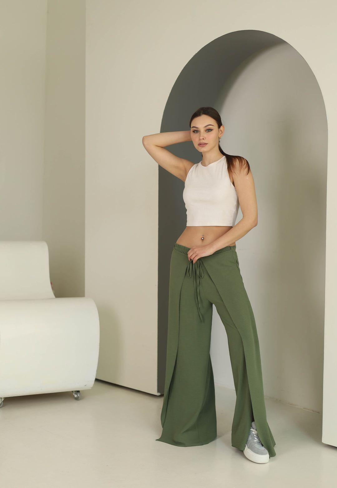 Khaki split front wide leg trousers
