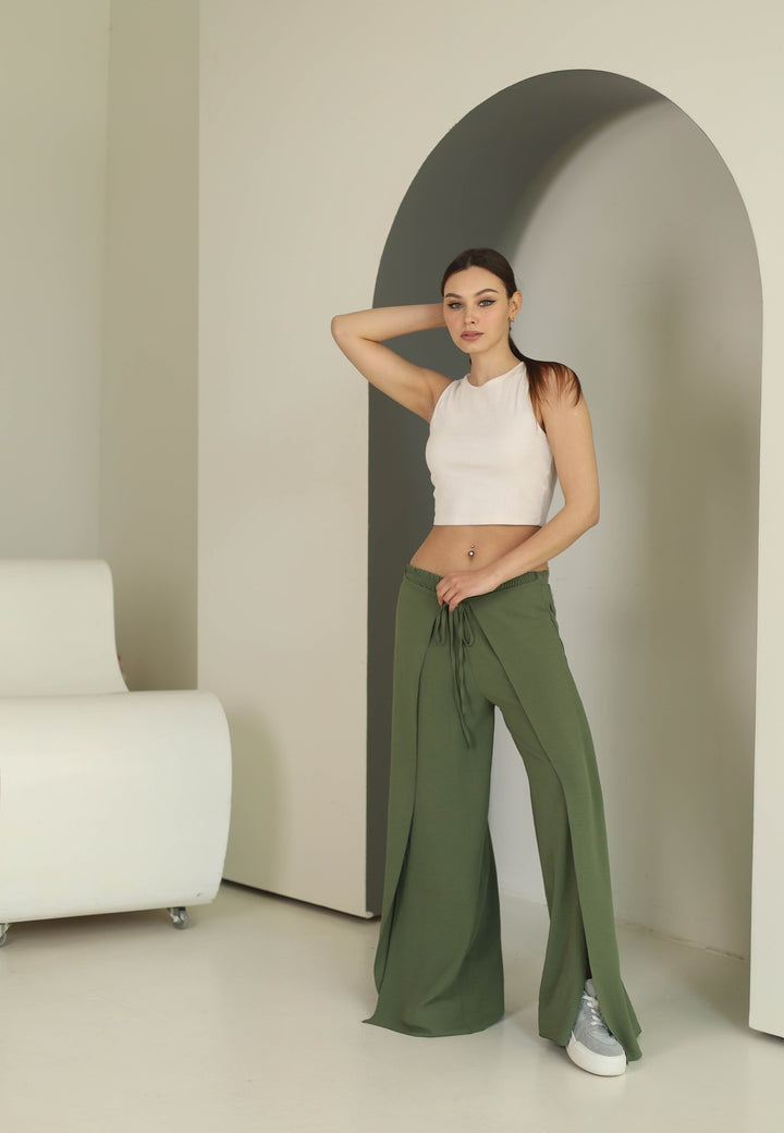 Khaki split front wide leg trousers