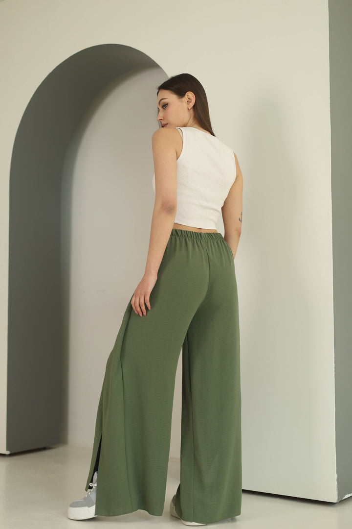 Khaki split front wide leg trousers