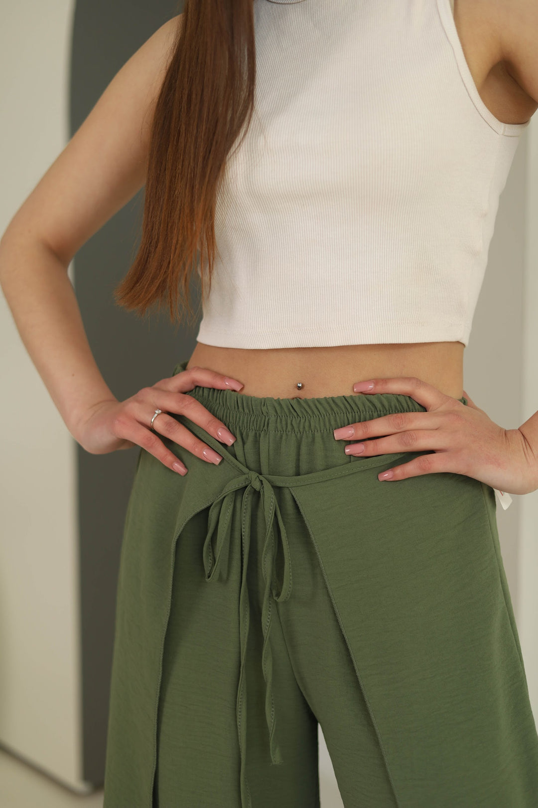 Khaki split front wide leg trousers