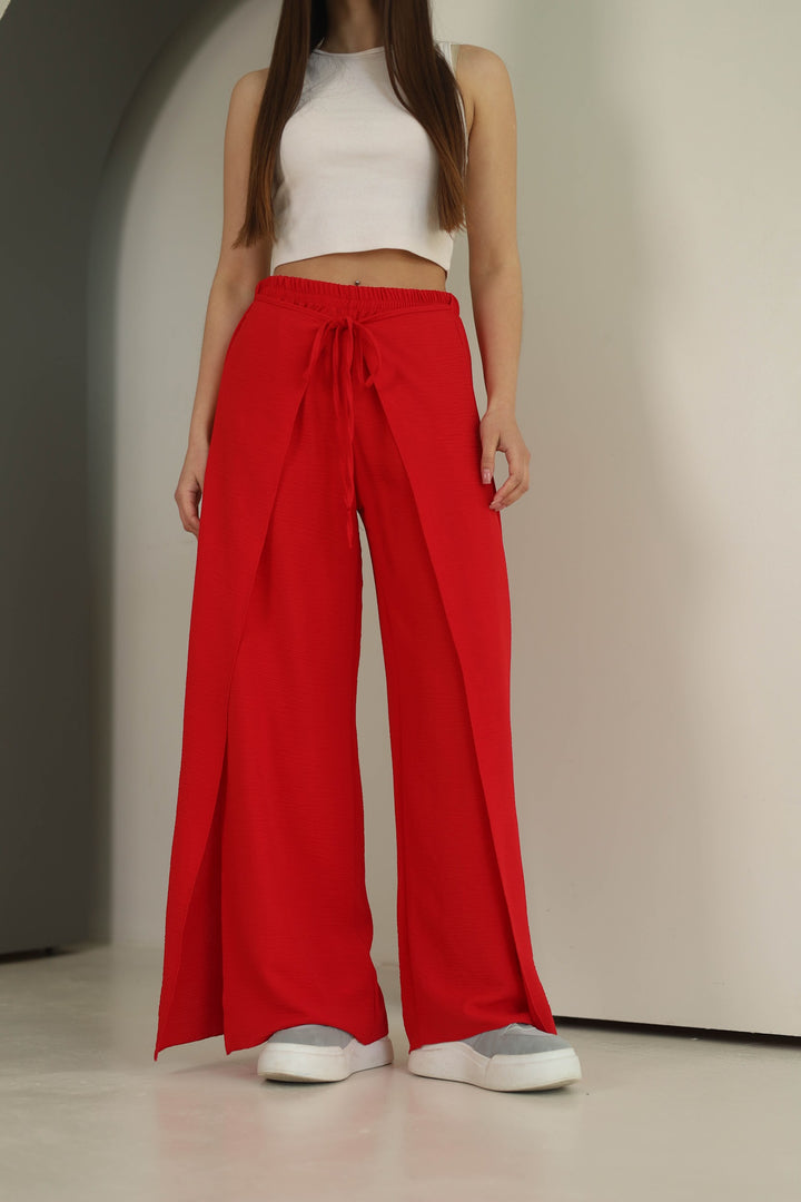 Red split front wide leg trousers