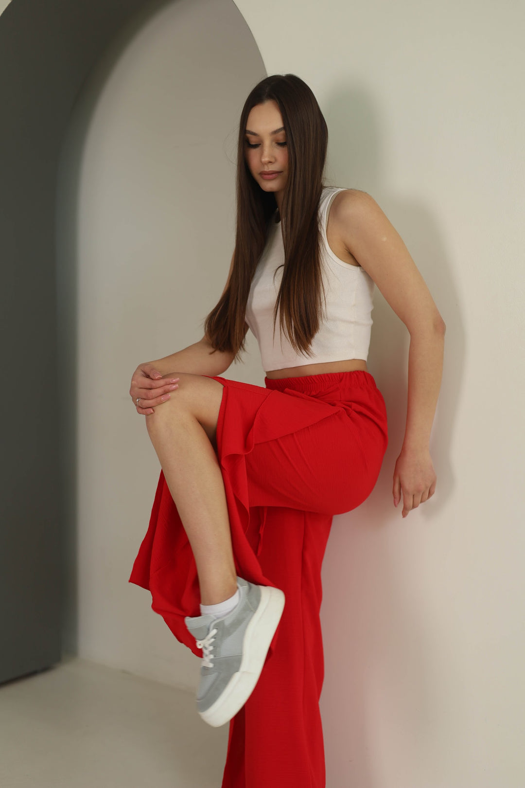 Red split front wide leg trousers