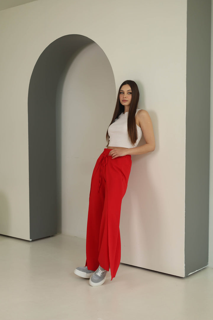 Red split front wide leg trousers