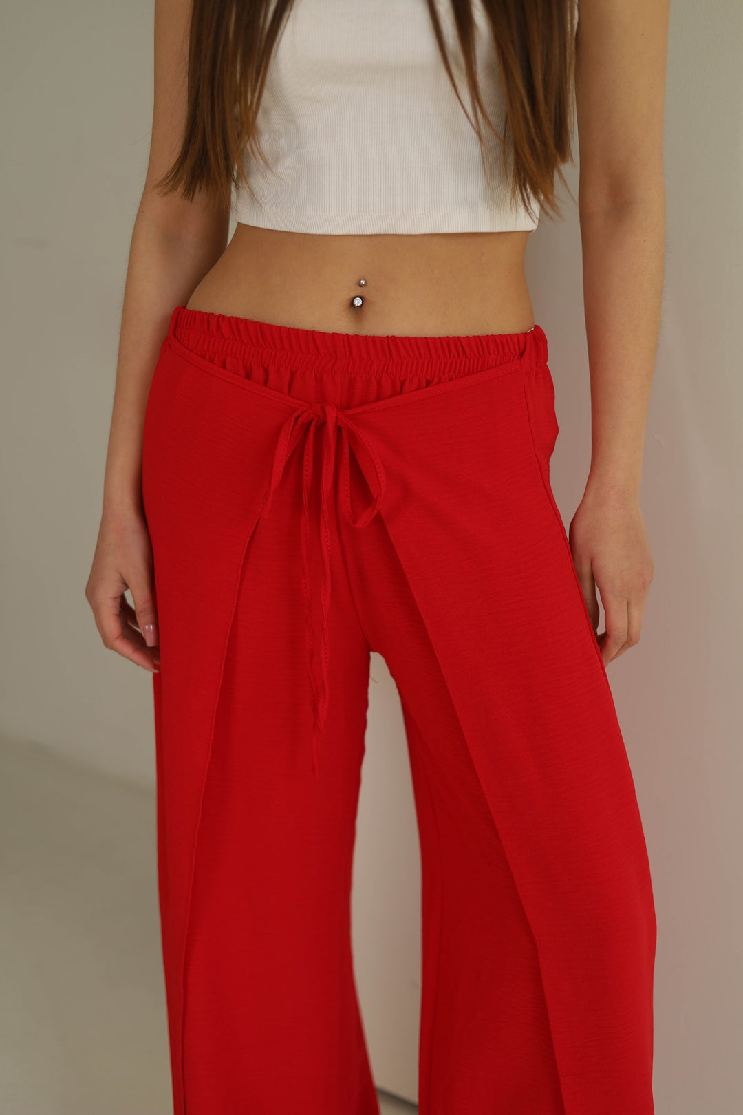 Red split front wide leg trousers